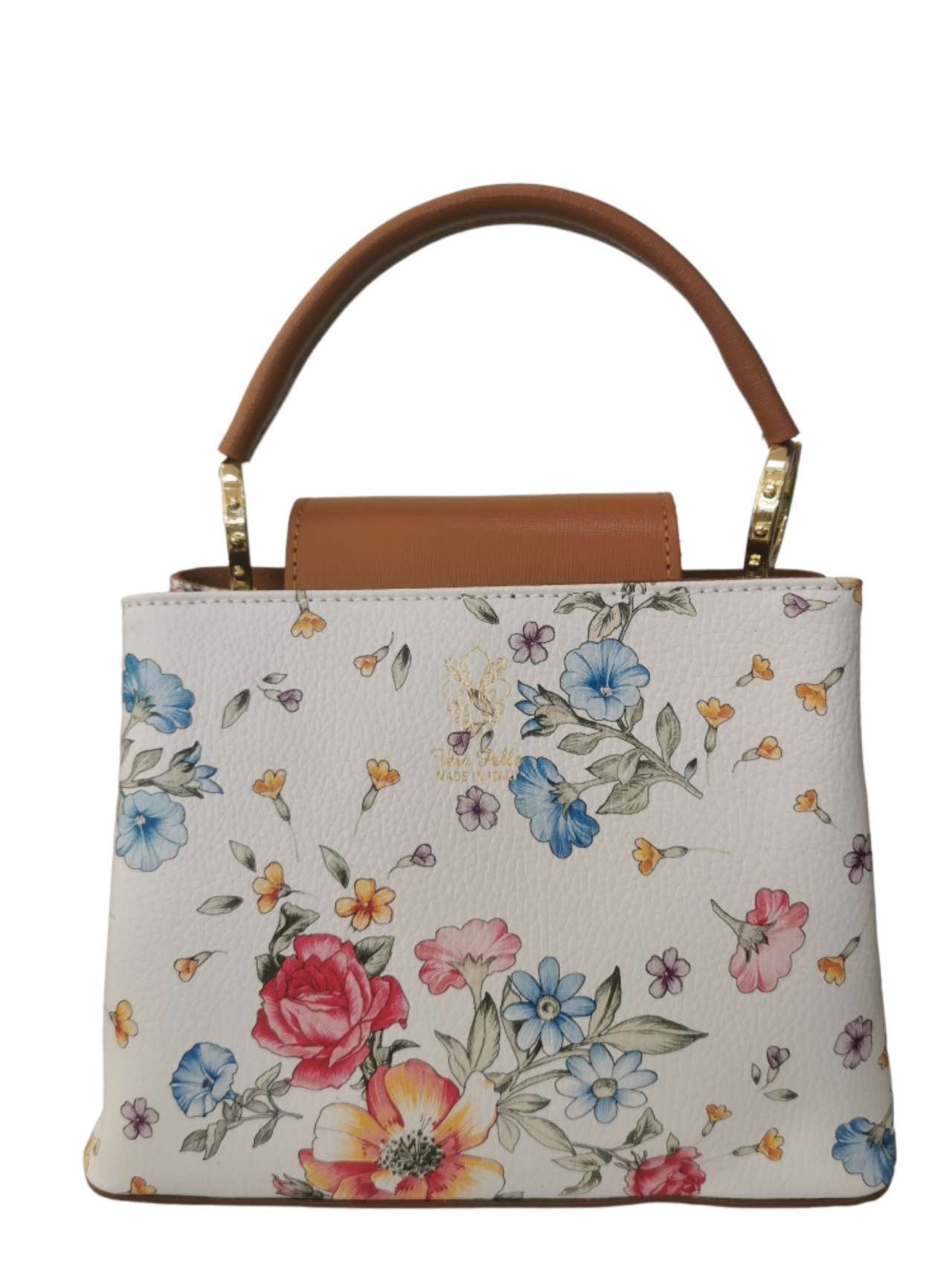 HANDTASCHE |  LEATHER HANDBAG  "FLOWERS" - LT-BROWN